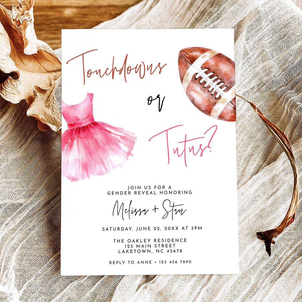Touchdowns or Tutus gender reveal invitation featuring a watercolor brown football, pink ballet tutu, handwritten lettering, and party details on a white background.