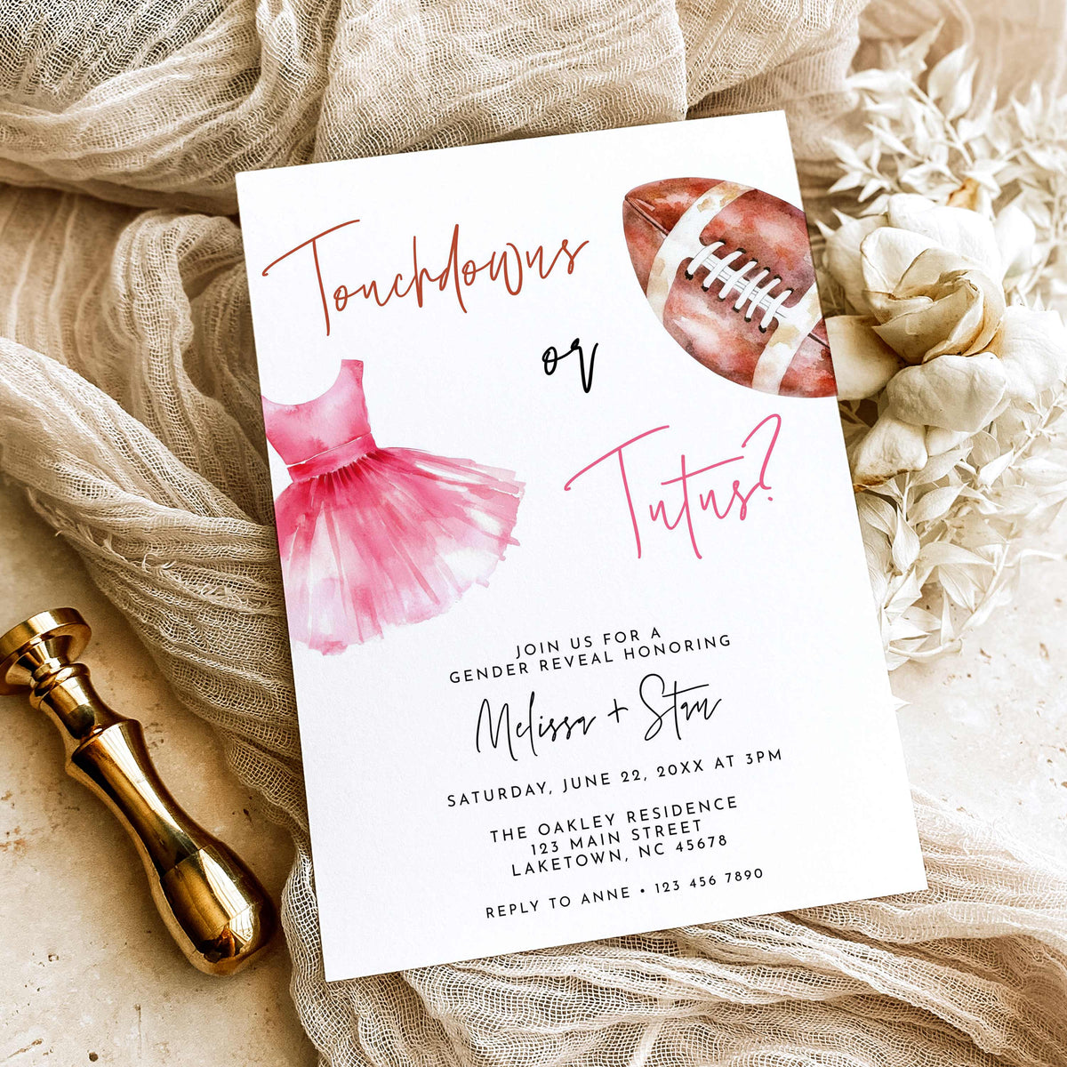 Touchdowns or Tutus gender reveal invitation featuring a watercolor brown football, pink ballet tutu, handwritten lettering, and party details on a white background.