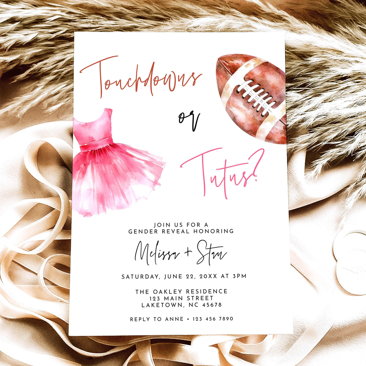 Touchdowns or Tutus gender reveal invitation featuring a watercolor brown football, pink ballet tutu, handwritten lettering, and party details on a white background.