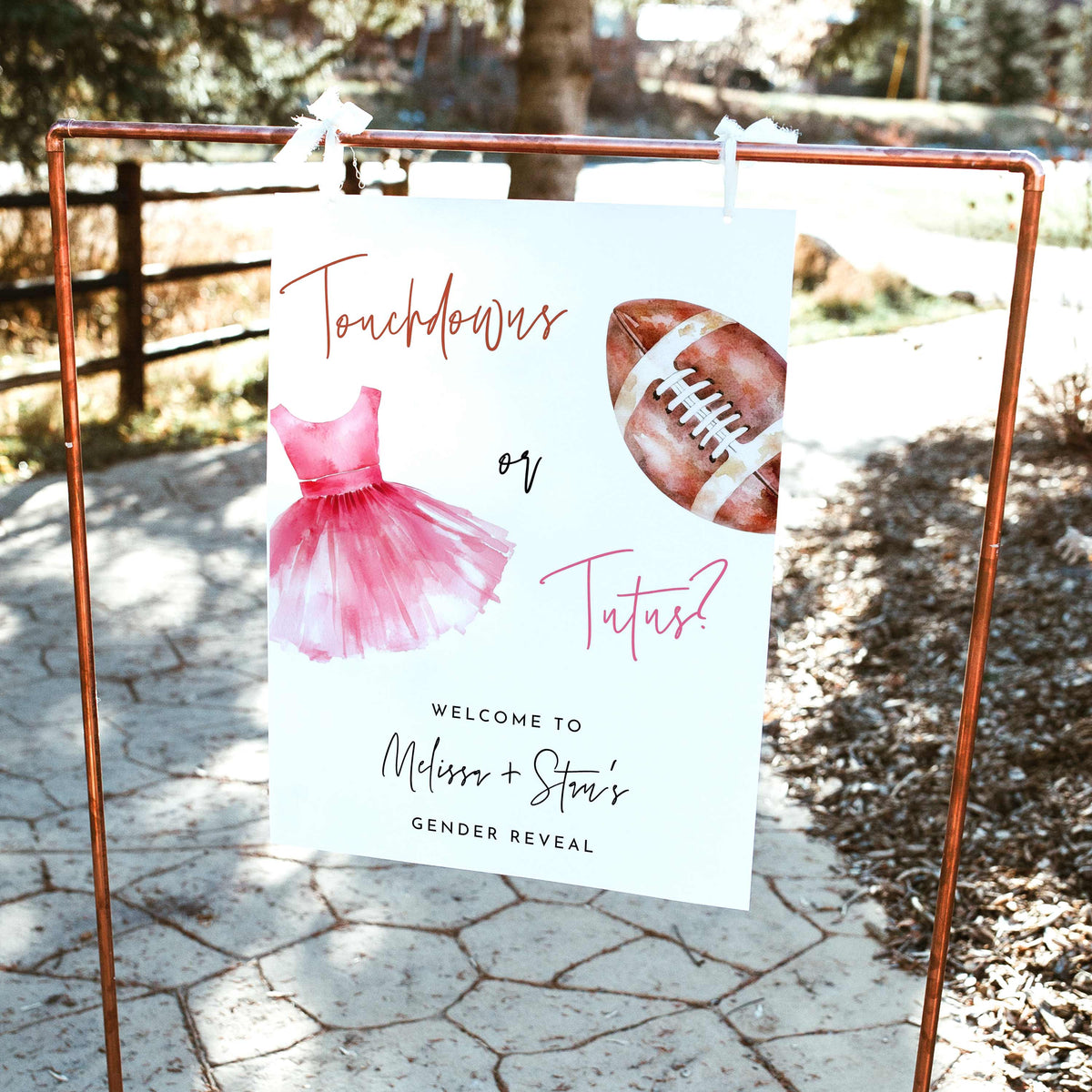 Touchdowns or Tutus gender reveal welcome sign featuring a watercolor brown football, pink ballet tutu, handwritten lettering, and personalized party details on a white background.