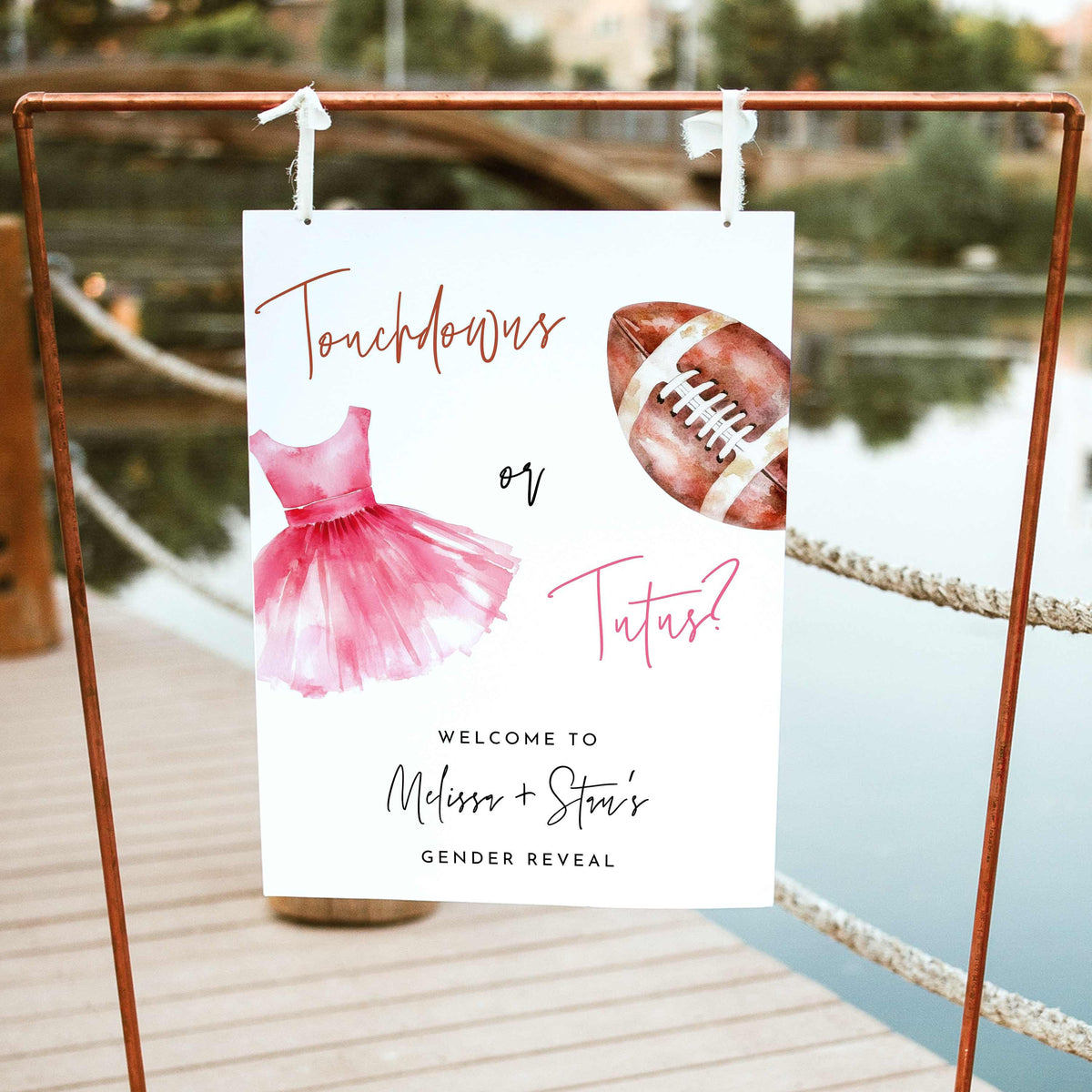 Touchdowns or Tutus gender reveal welcome sign featuring a watercolor brown football, pink ballet tutu, handwritten lettering, and personalized party details on a white background.