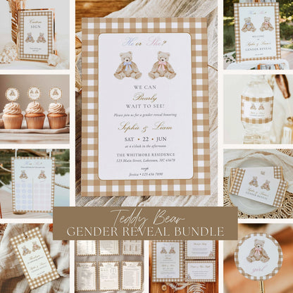 Vintage teddy bear gender reveal bundle with blue and pink bears, beige gingham, invitation, signs, games and party templates