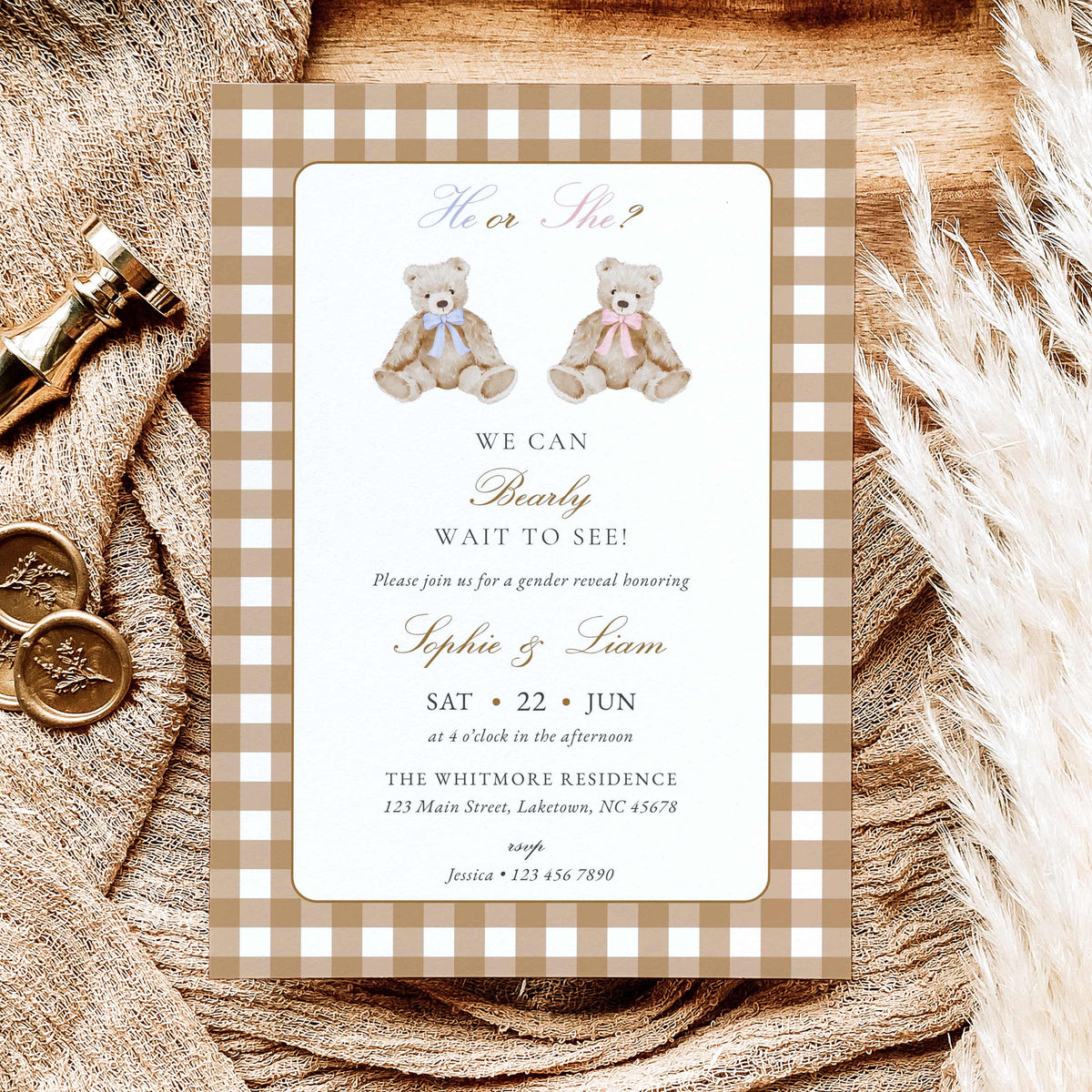 Vintage Teddy Bear Gender Reveal Invitation