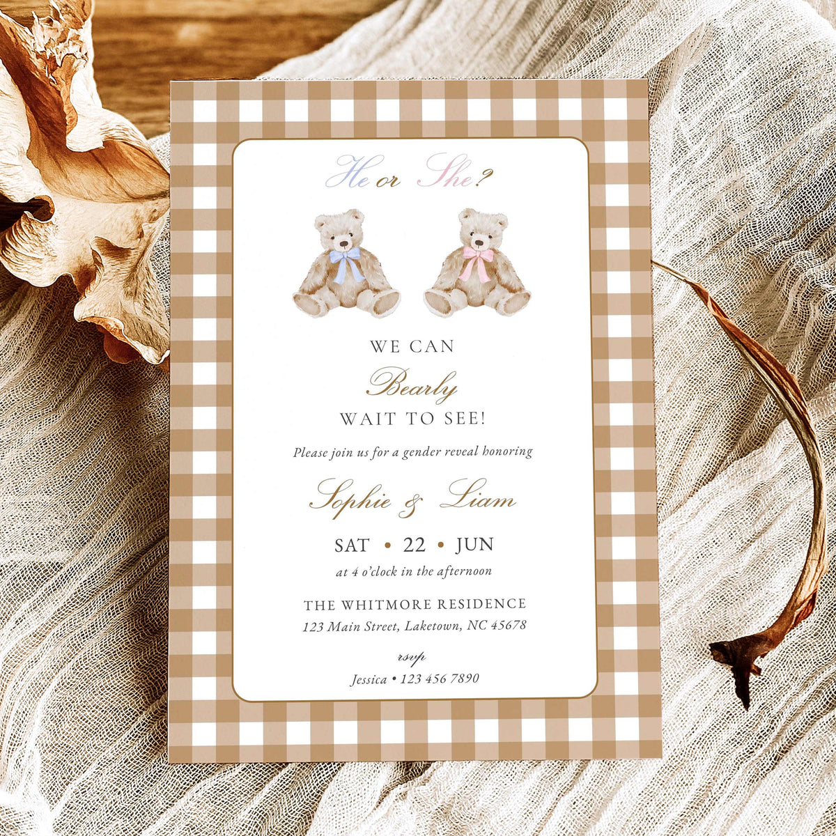 Vintage Teddy Bear Gender Reveal Invitation