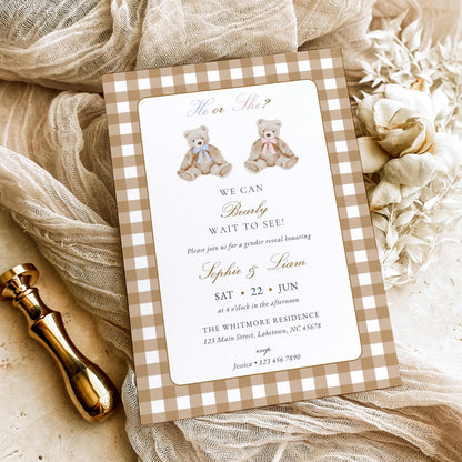 Vintage Teddy Bear Gender Reveal Invitation